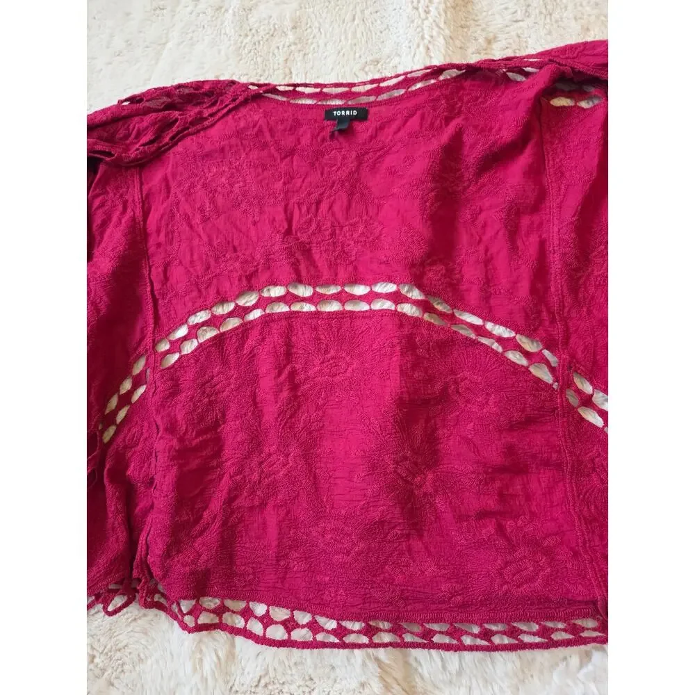 TORRID Crochet Lace Inset Floral Boho Kimono in Red size 3/4 - Picture 5 of 7